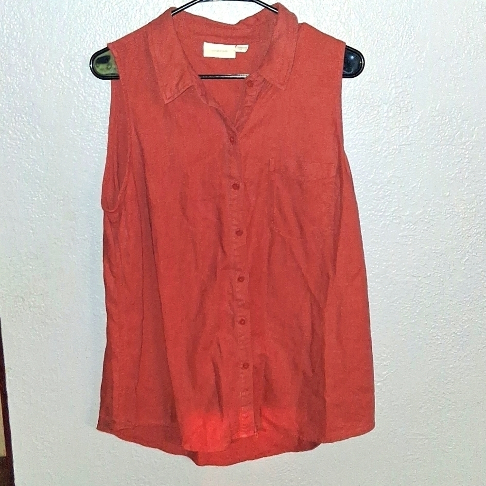 Ecothreads Linen Blend Sleeveless Washed Red Button Down Shirt Size Small L